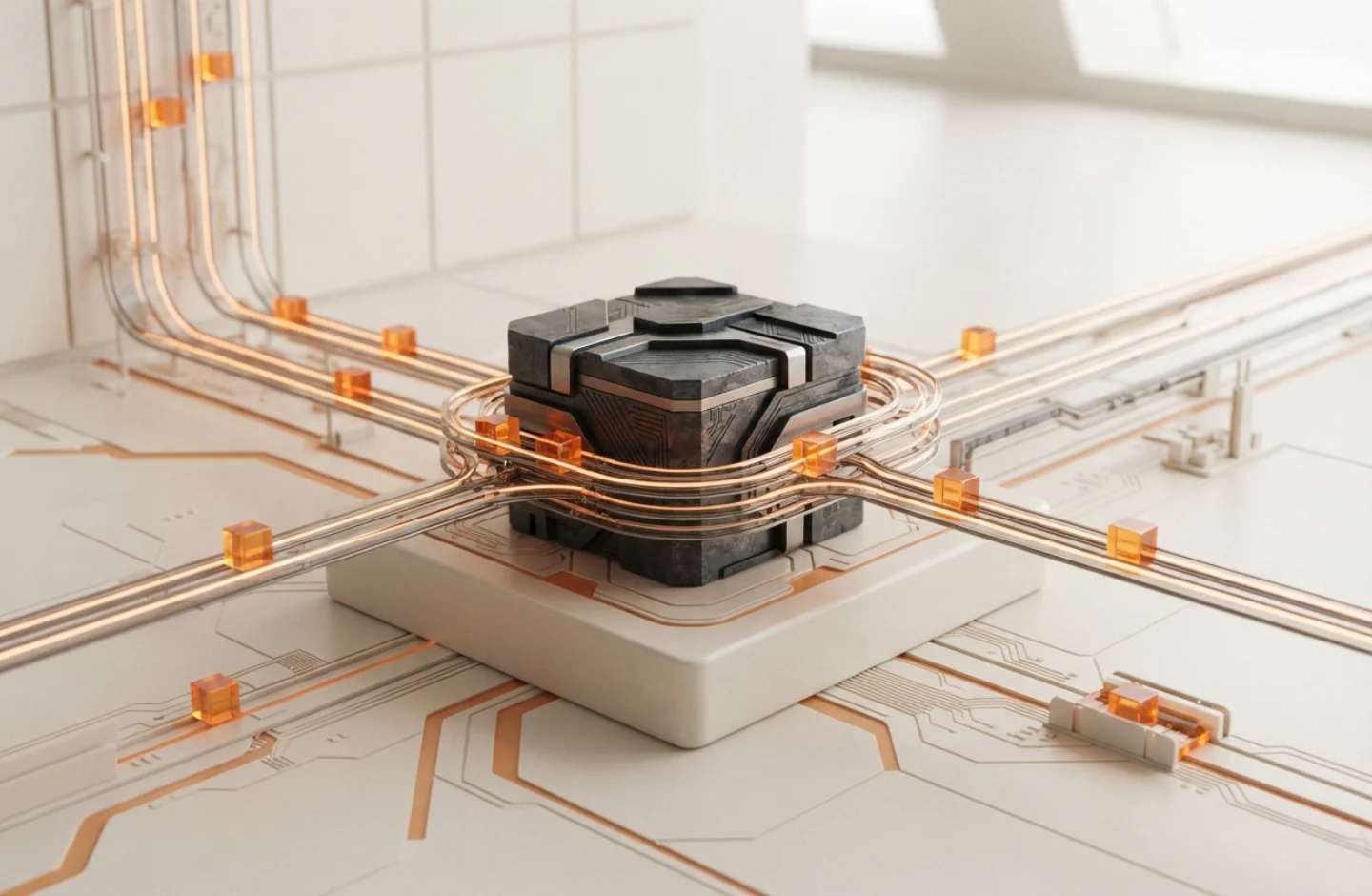 Orange-lit settlement rails routing value around a dense, stable reserve core.